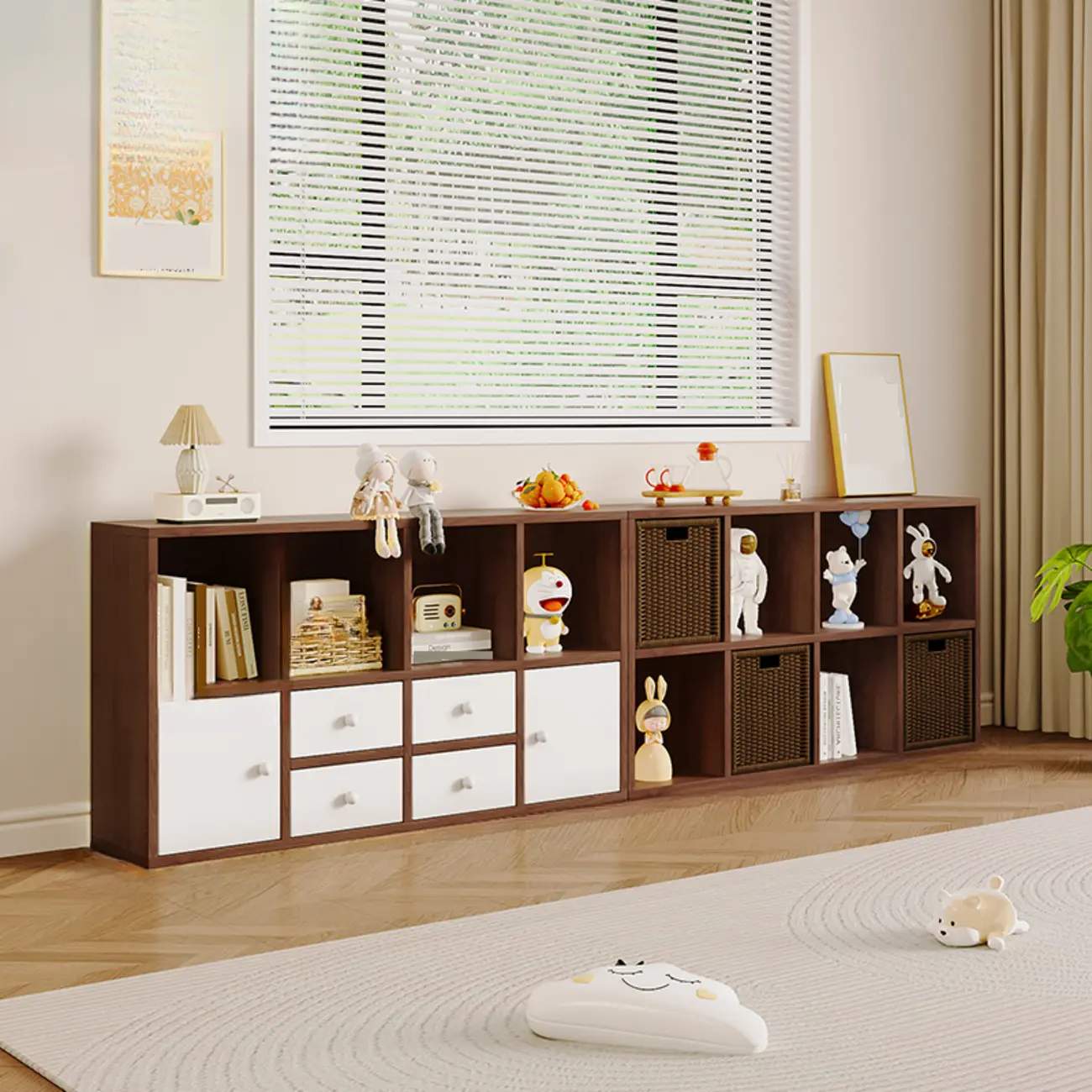 Horizontal Wood Nut-Brown Cube Bookcase with Drawers Image - 1 | homeyfad