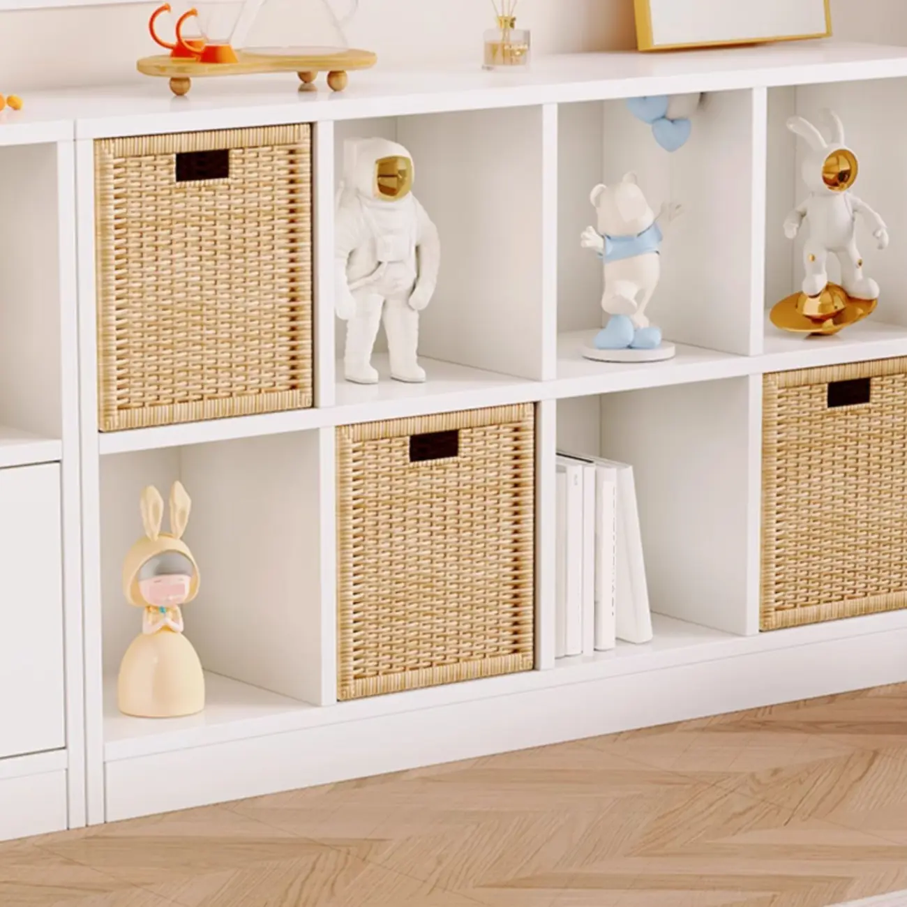 Horizontal Wood Nut-Brown Cube Bookcase with Drawers Image - 8 | homeyfad