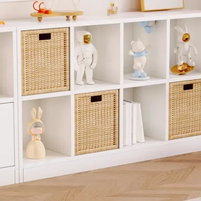 Horizontal Wood Nut-Brown Cube Bookcase with Drawers Image - 8