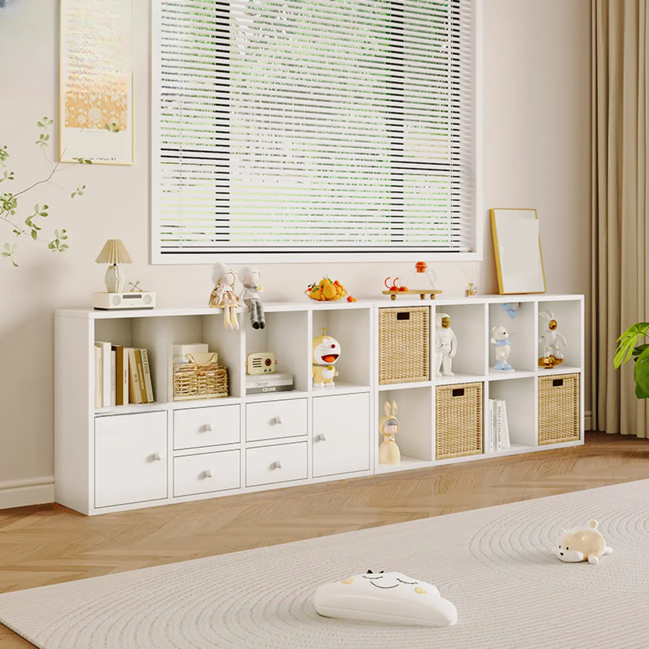 Horizontal Wood Nut-Brown Cube Bookcase with Drawers Image - 9 | homeyfad