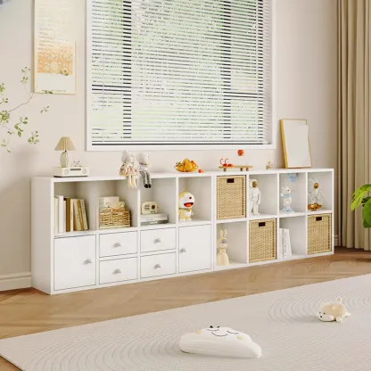 Horizontal Wood Nut-Brown Cube Bookcase with Drawers Image - 9