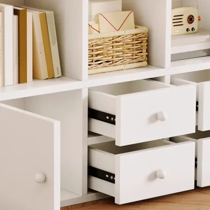 Horizontal Wood Nut-Brown Cube Bookcase with Drawers Image - 10