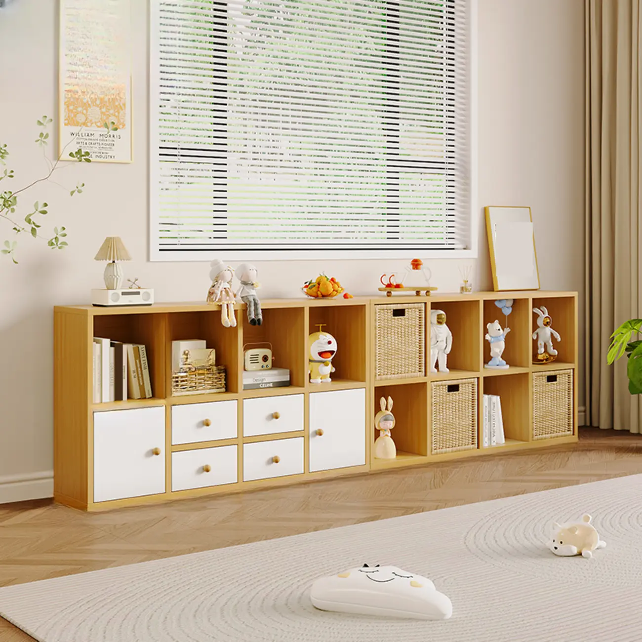 Horizontal Wood Nut-Brown Cube Bookcase with Drawers Image - 11 | homeyfad