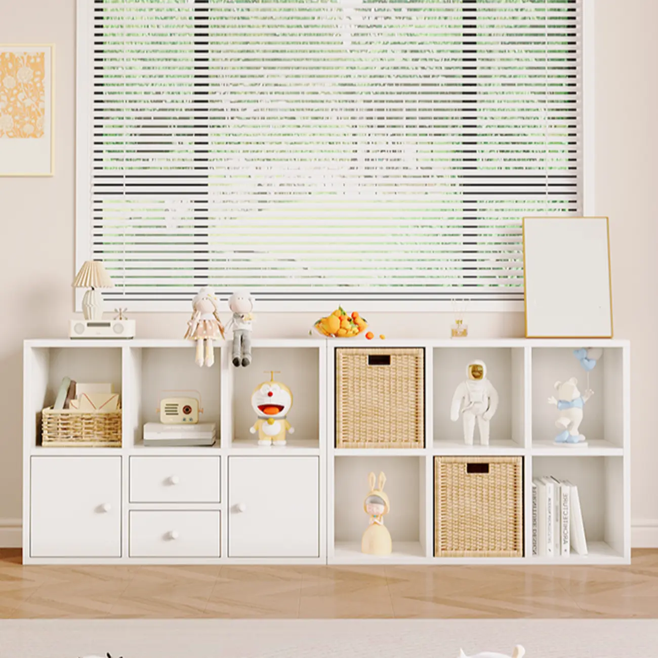 Horizontal Wood Nut-Brown Cube Bookcase with Drawers Image - 13 | homeyfad