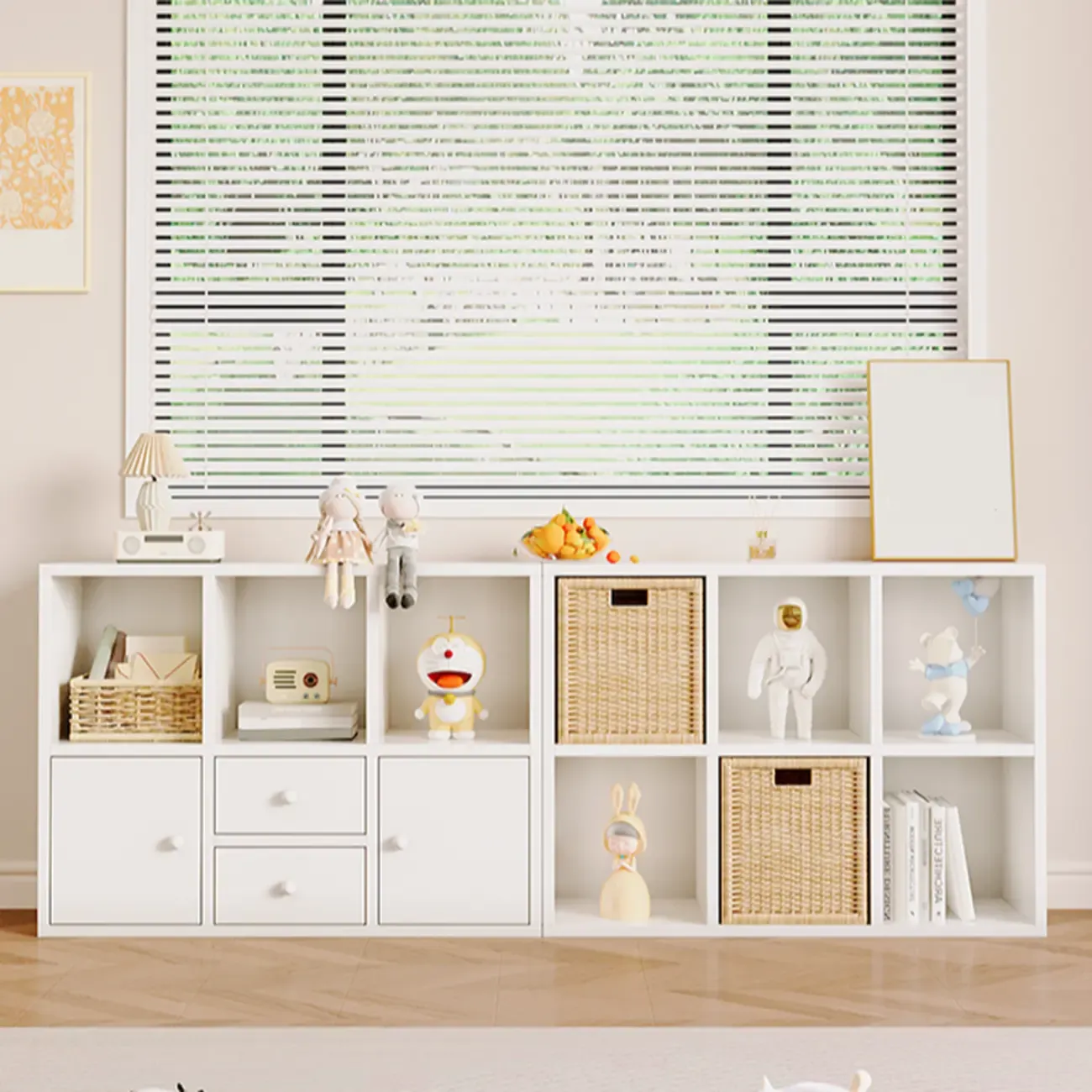 Horizontal Wood Nut-Brown Cube Bookcase with Drawers Image - 13