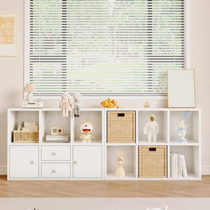 Horizontal Wood Nut-Brown Cube Bookcase with Drawers Image - 13