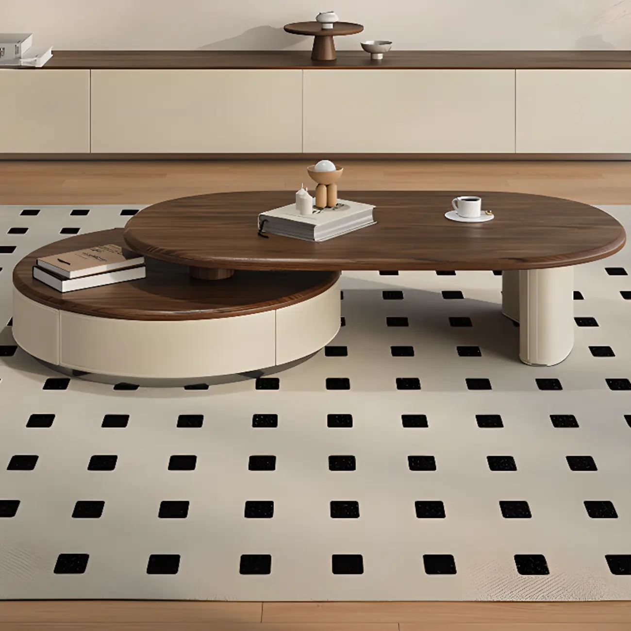 Modern Brown Beige Nest Wooden Rounded Drawer Coffee Table Image - 1 | homeyfad