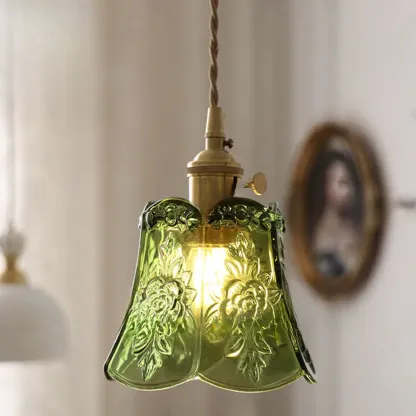 Modern Glass Pendant Light Green Flower Design Image - 1