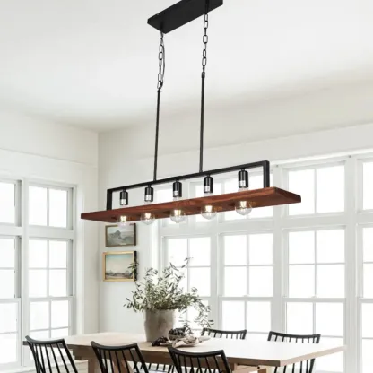 Industrial 5-Light Wood Black Kitchen Island Pendant Light Image - 1