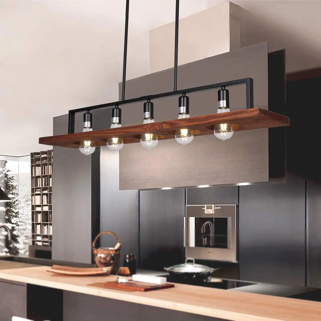 Industrial 5-Light Wood Black Kitchen Island Pendant Light Image - 2 | homeyfad