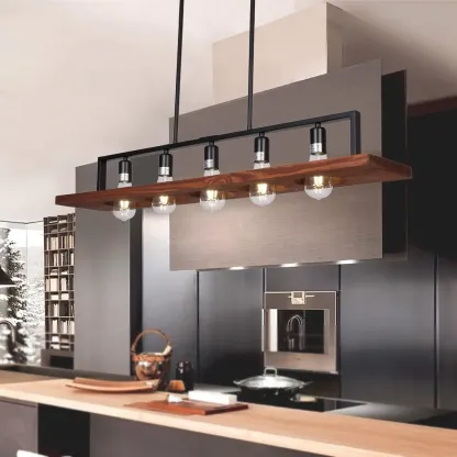Industrial 5-Light Wood Black Kitchen Island Pendant Light Image - 2