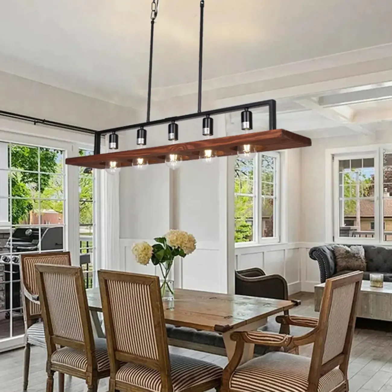 Industrial 5-Light Wood Black Kitchen Island Pendant Light Image - 6