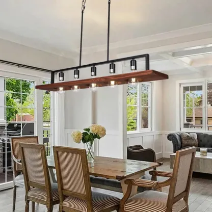 Industrial 5-Light Wood Black Kitchen Island Pendant Light Image - 6