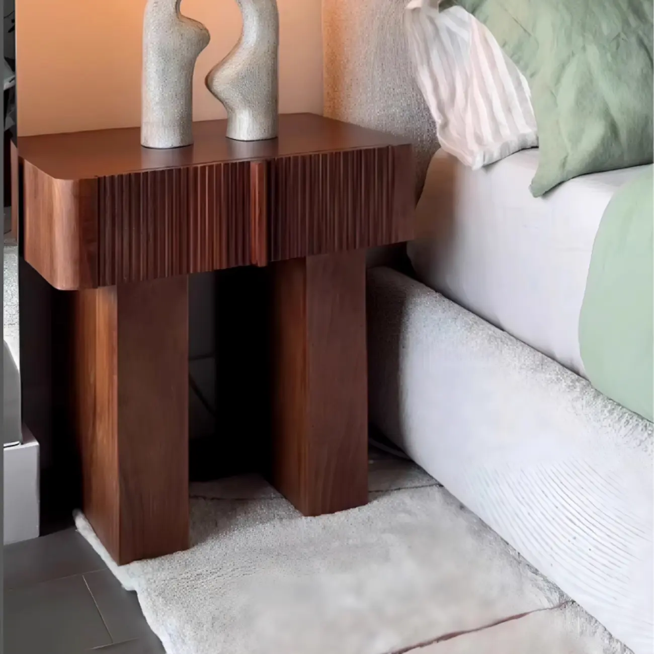Modern Natural Wood Dual-Pedestal Drawer Nightstand Image - 3 | homeyfad