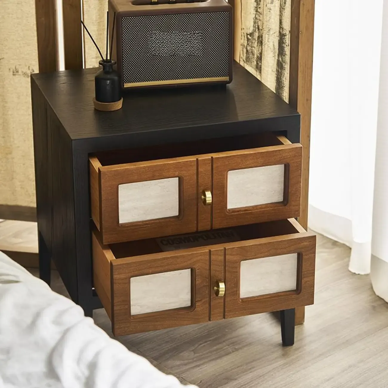 Traditional Wood Brown Black 2-Drawer Nightstand Image - 2
