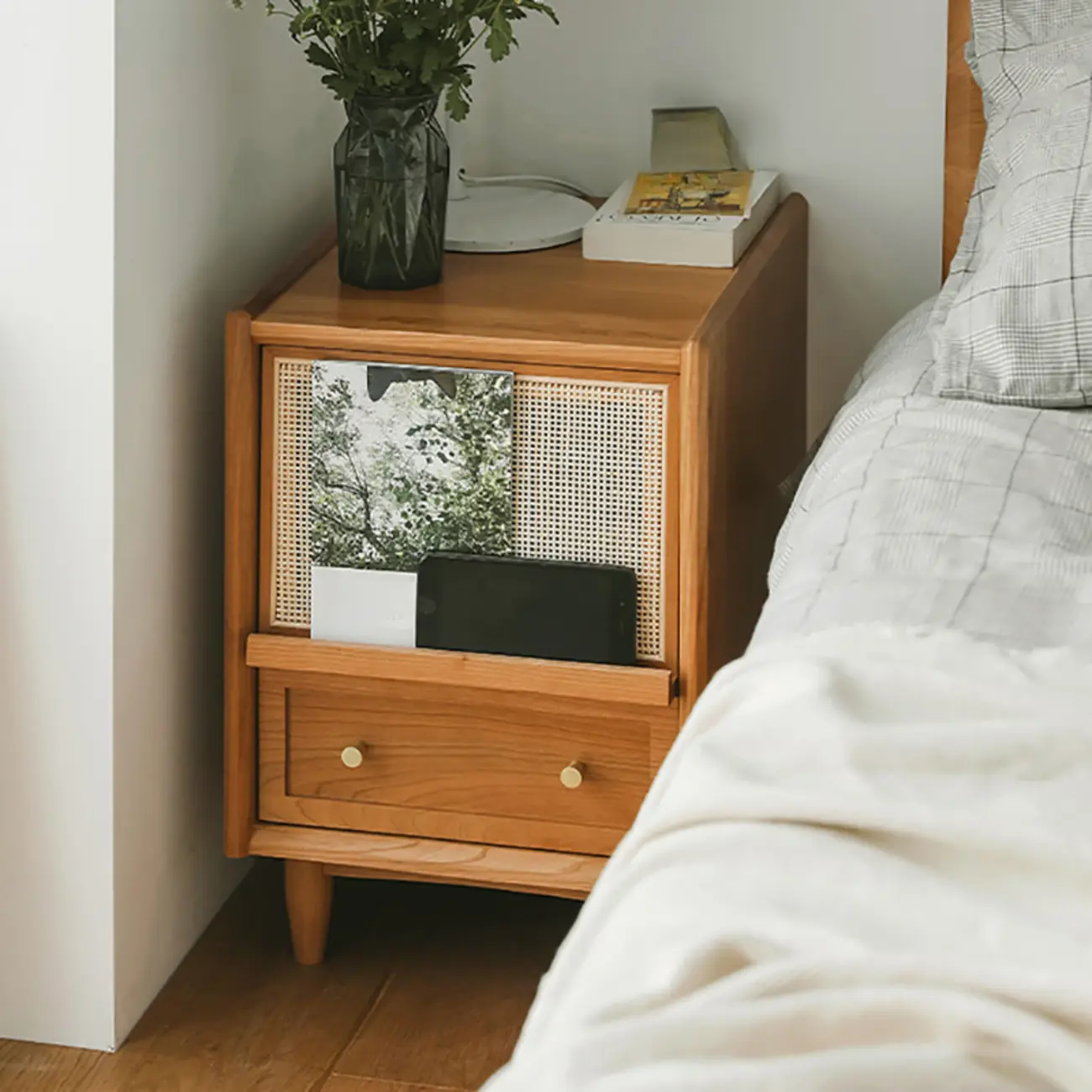 Natural Finish Wood Storage Nightstand with Legs Image - 1 | homeyfad