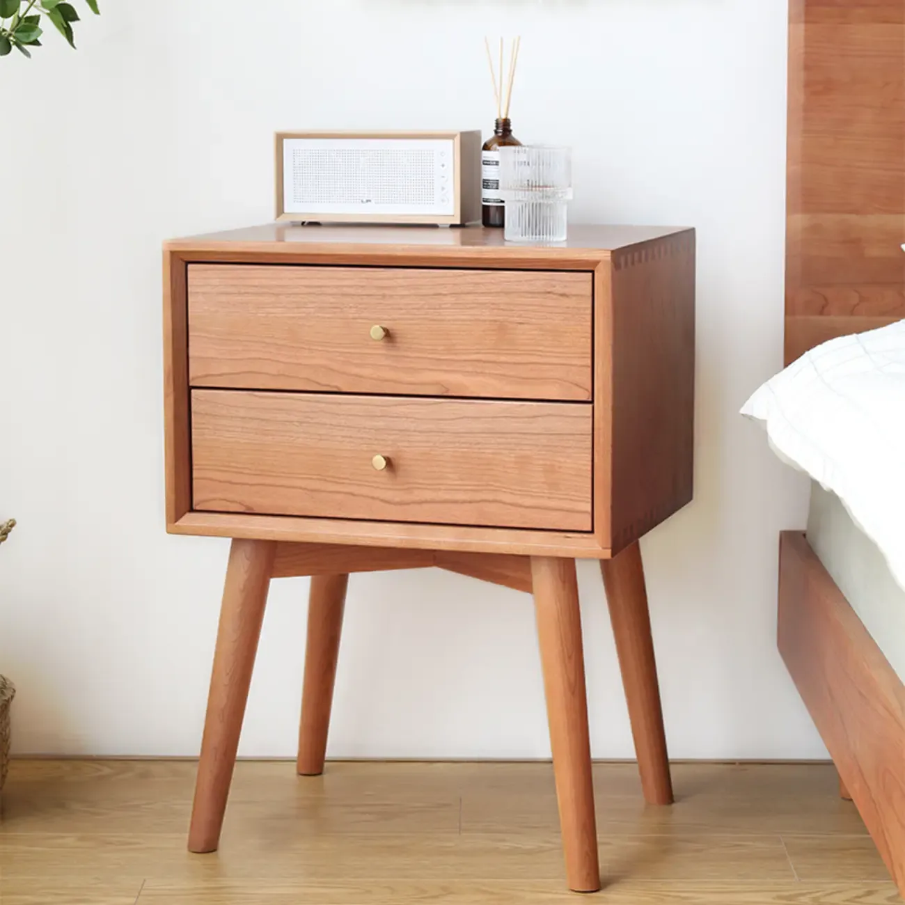 Natural Finish Wood Storage Nightstand with Legs Image - 3