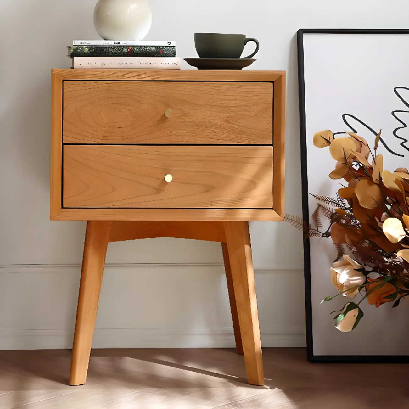 Natural Finish Wood Storage Nightstand with Legs Image - 2 | homeyfad