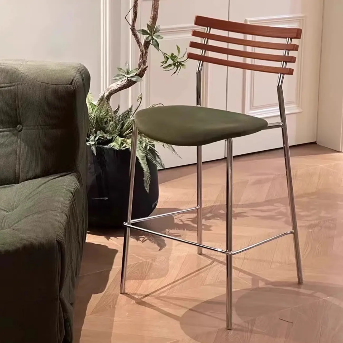 Saddle Green Fabric Seat Ratten Back Counter Bar Stools Image - 1 | homeyfad