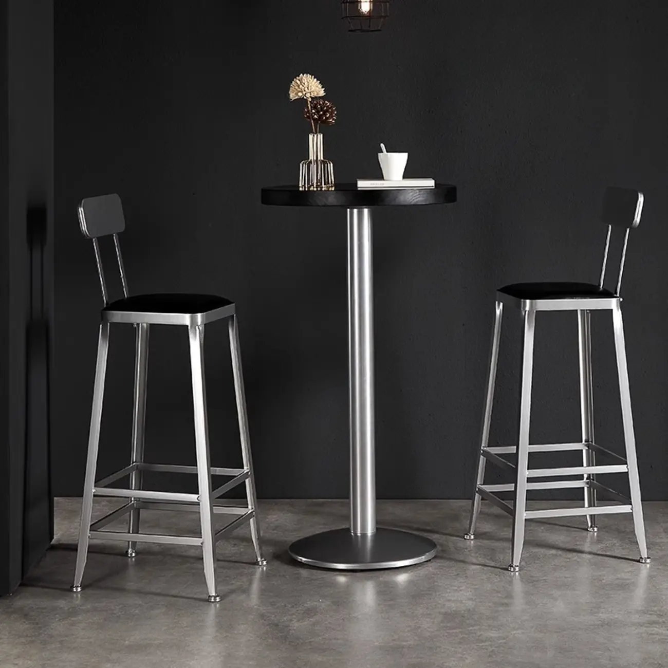 Modern Black Round Wooden Silver Metal Pedestal Bar Tables Image - 1 | homeyfad