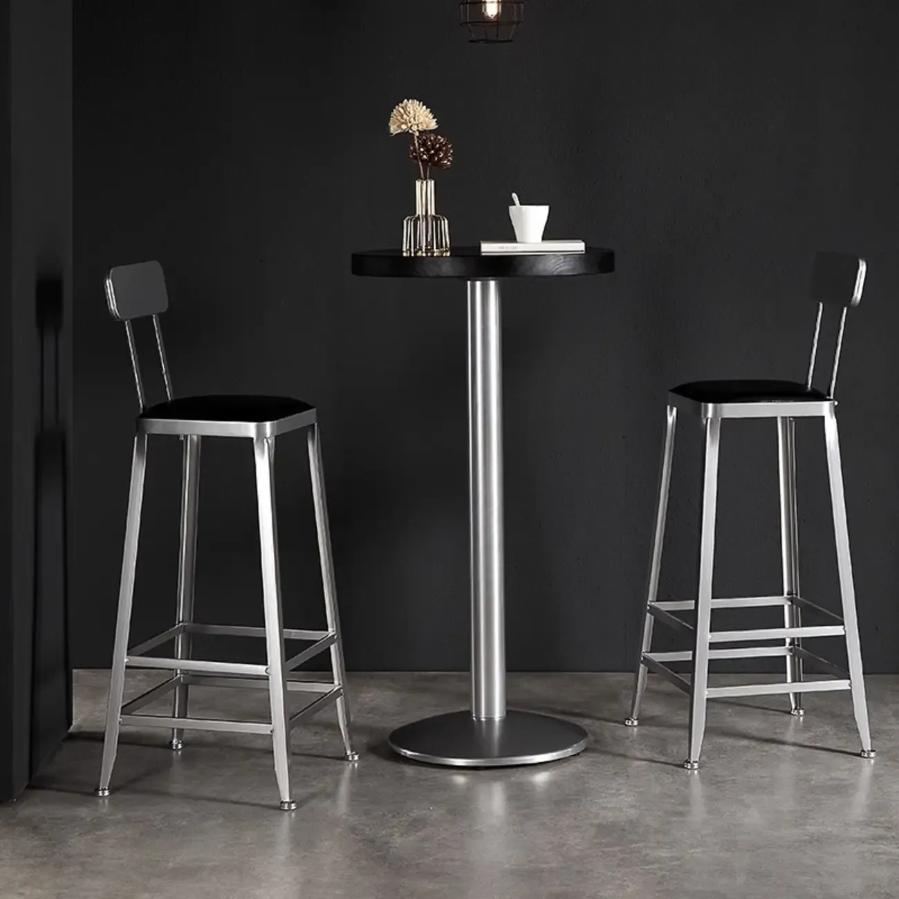 Modern Black Round Wooden Silver Metal Pedestal Bar Tables Image - 1
