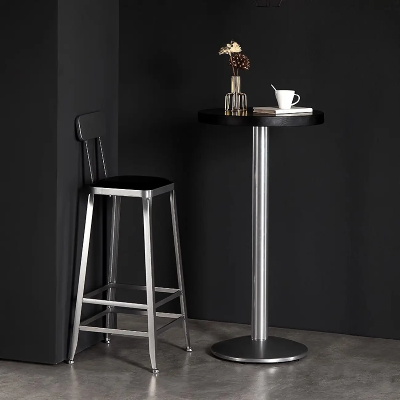 Modern Black Round Wooden Silver Metal Pedestal Bar Tables Image - 2 | homeyfad