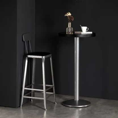 Modern Black Round Wooden Silver Metal Pedestal Bar Tables Image - 2