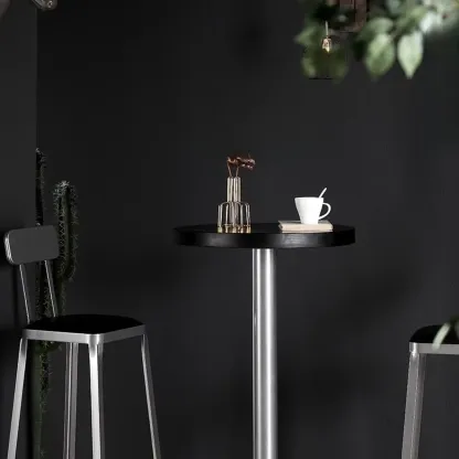 Modern Black Round Wooden Silver Metal Pedestal Bar Tables Image - 3