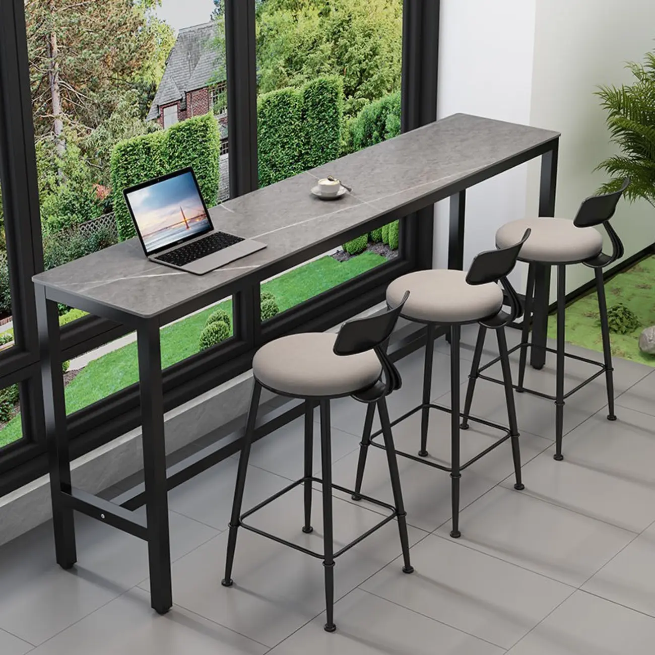 Modern Dove Grey Stone Top Steel Footrest Bar Tables Image - 2 | homeyfad