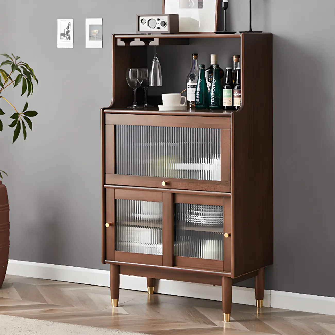 Nut-Brown Wooden 2-Drawer Glass Door Buffet Cabinet Image - 10 | homeyfad