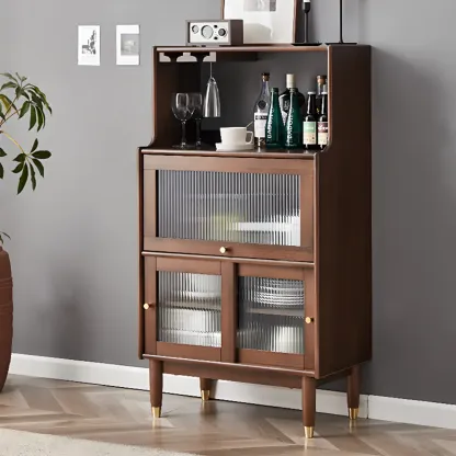 Nut-Brown Wooden 2-Drawer Glass Door Buffet Cabinet Image - 10