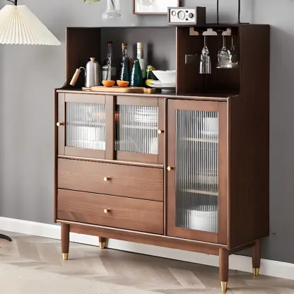 Nut-Brown Wooden 2-Drawer Glass Door Buffet Cabinet Image - 11