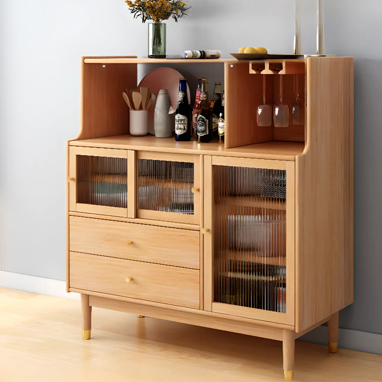 Nut-Brown Wooden 2-Drawer Glass Door Buffet Cabinet Image - 13 | homeyfad