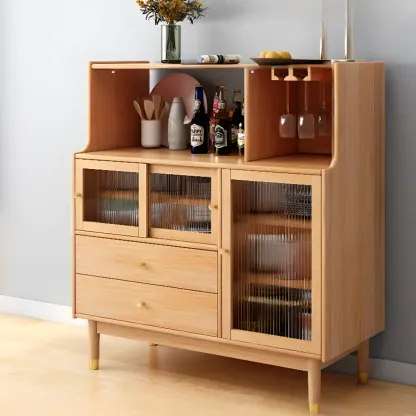 Nut-Brown Wooden 2-Drawer Glass Door Buffet Cabinet Image - 13