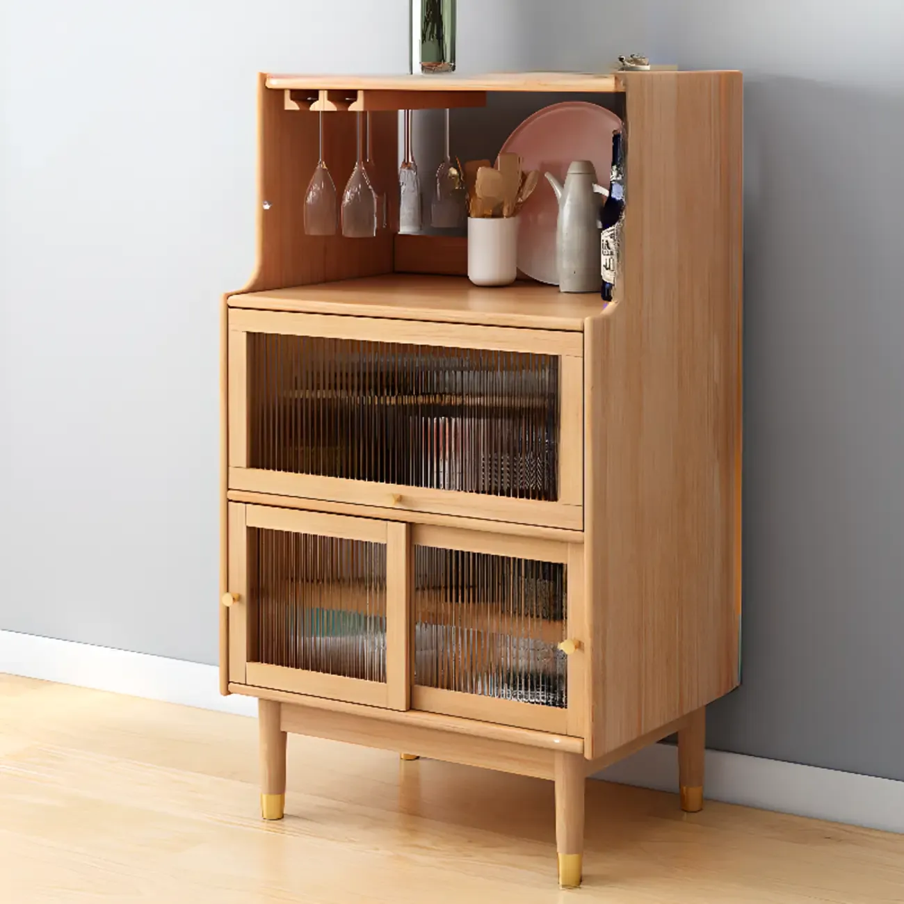 Nut-Brown Wooden 2-Drawer Glass Door Buffet Cabinet Image - 12