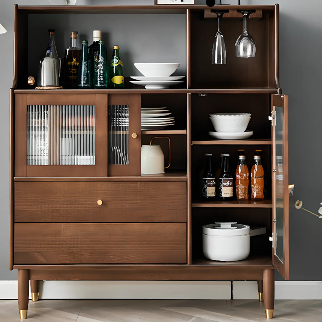 Nut-Brown Wooden 2-Drawer Glass Door Buffet Cabinet Image - 2 | homeyfad