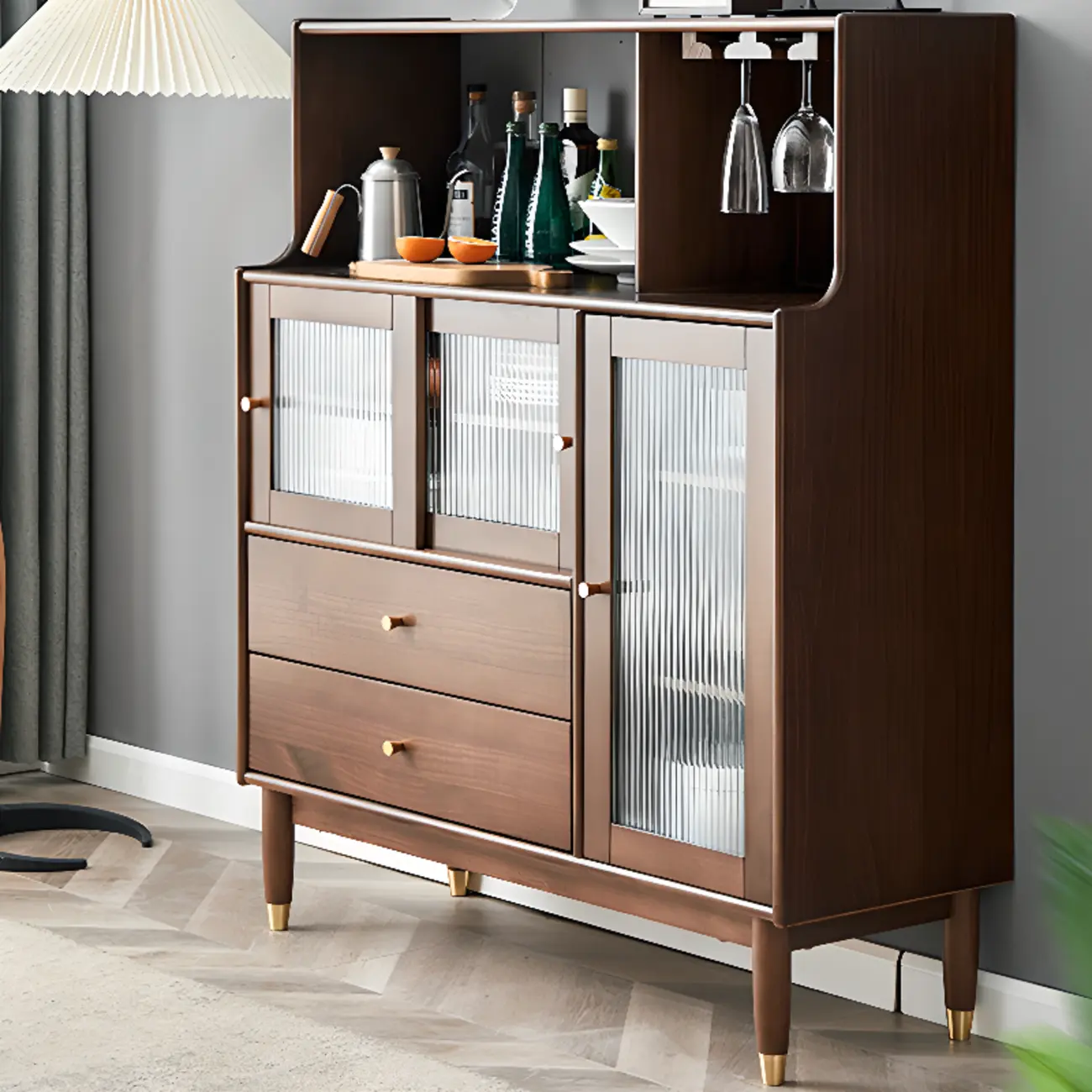 Nut-Brown Wooden 2-Drawer Glass Door Buffet Cabinet Image - 3 | homeyfad