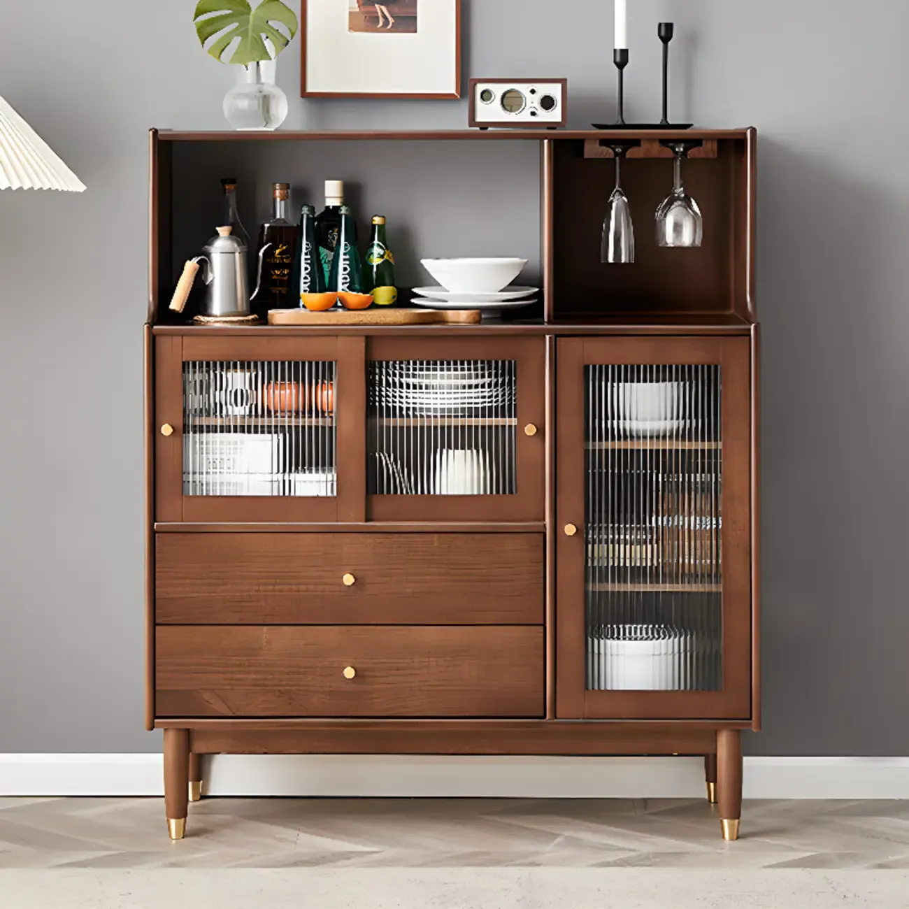 Nut-Brown Wooden 2-Drawer Glass Door Buffet Cabinet Image - 1