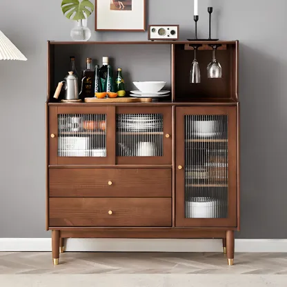 Nut-Brown Wooden 2-Drawer Glass Door Buffet Cabinet Image - 1