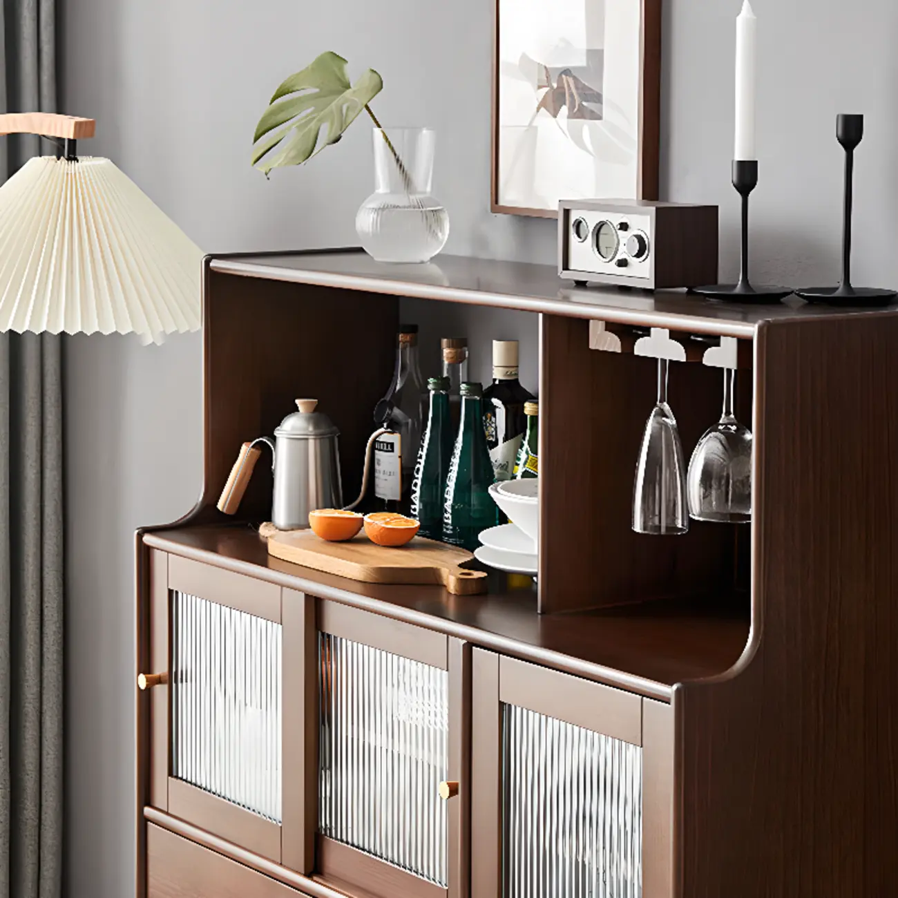 Nut-Brown Wooden 2-Drawer Glass Door Buffet Cabinet Image - 7 | homeyfad