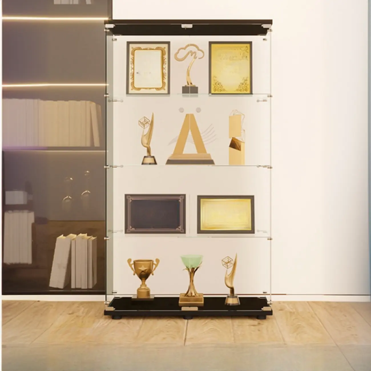 Black Adjustable Shelf Open Storage Glass Display Cabinet Image - 1 | homeyfad