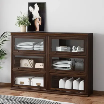 Mid-Century Modern Brown Wooden Glass Paned Storage Chest Image - 1