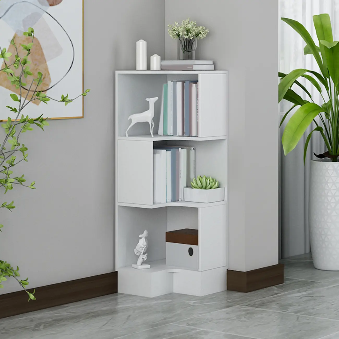 Modern Wood Vertical Corner Storage Cabinet for Living Room Image - 4 | homeyfad