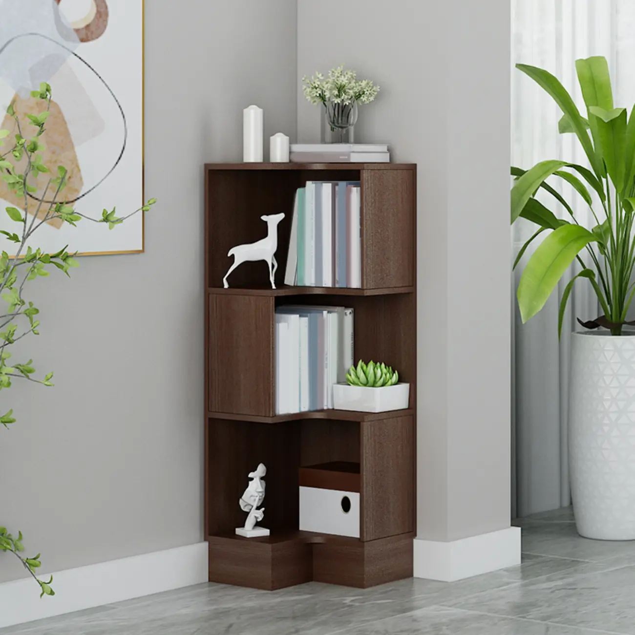 Modern Wood Vertical Corner Storage Cabinet for Living Room Image - 5 | homeyfad