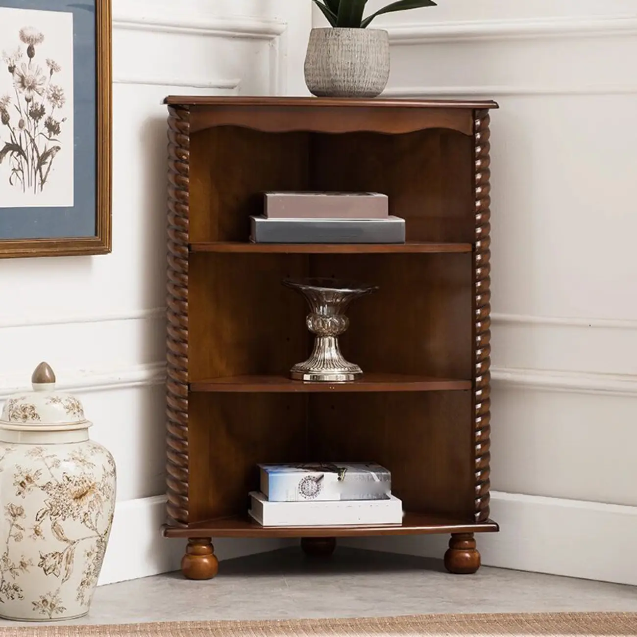 Mid-Century Modern Brown Wooden Small Corner Storage Cabinet Image - 2 | homeyfad