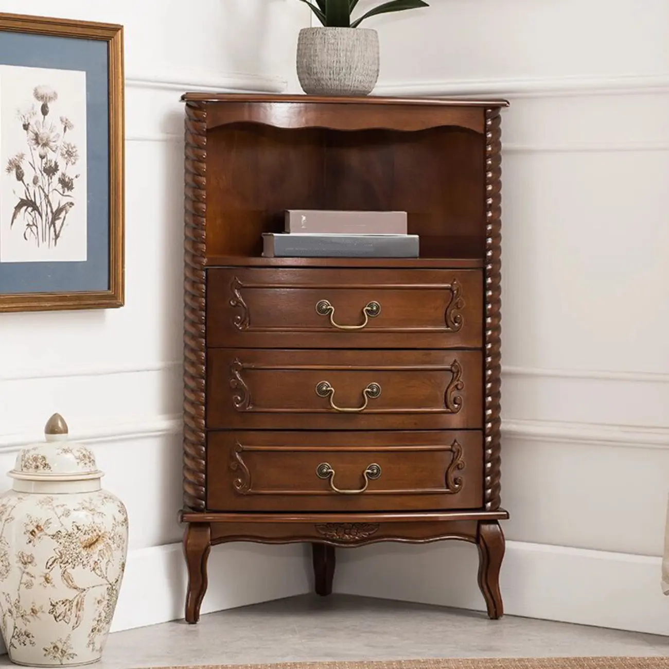 Mid-Century Modern Brown Wooden Small Corner Storage Cabinet Image - 3 | homeyfad