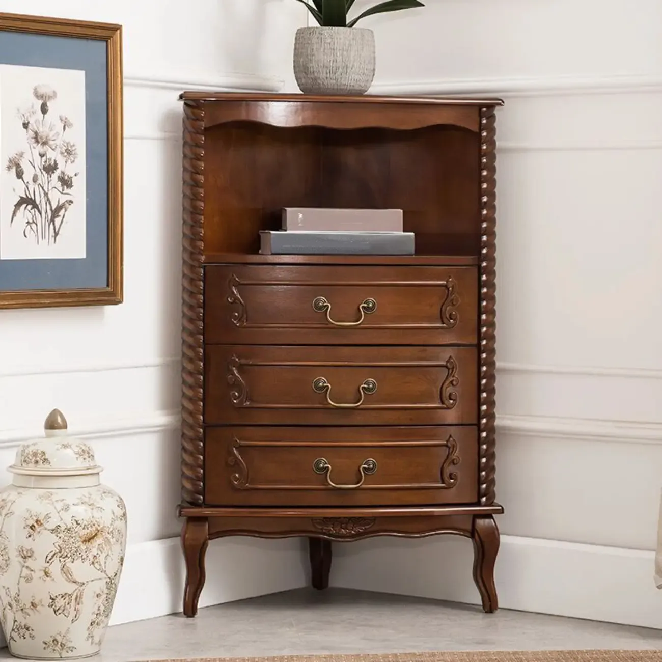 Mid-Century Modern Brown Wooden Small Corner Storage Cabinet Image - 3