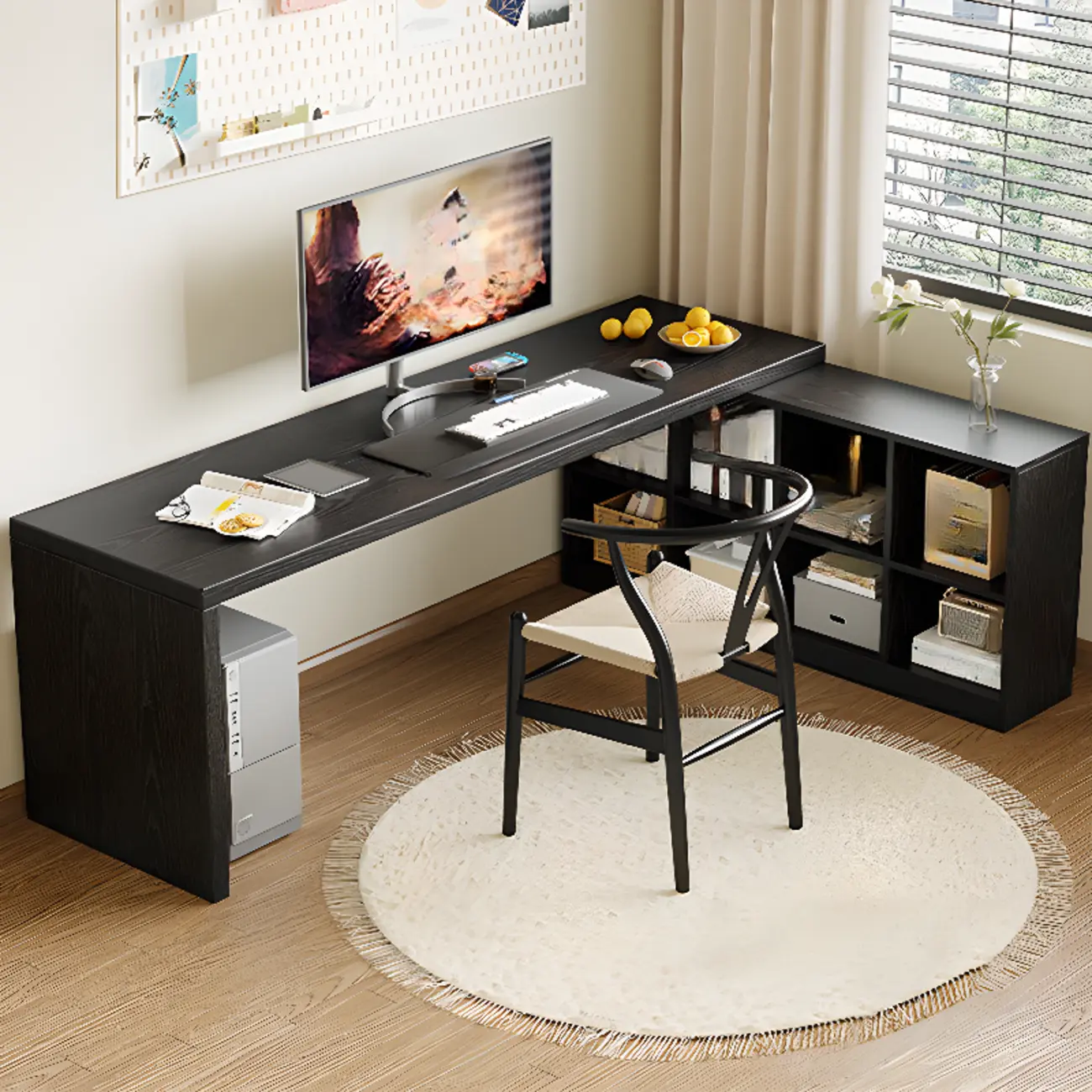 Reversible Black Wooden L-Shaped Storage Writing Desk Image - 1 | homeyfad