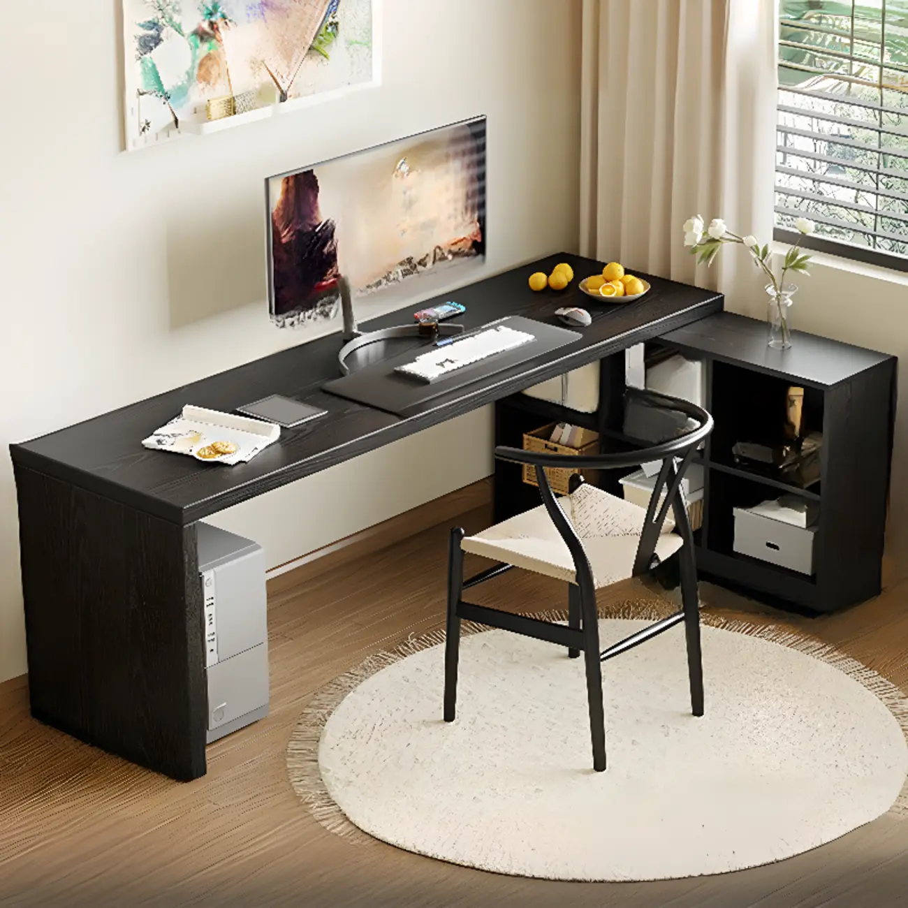 Reversible Black Wooden L-Shaped Storage Writing Desk Image - 2 | homeyfad