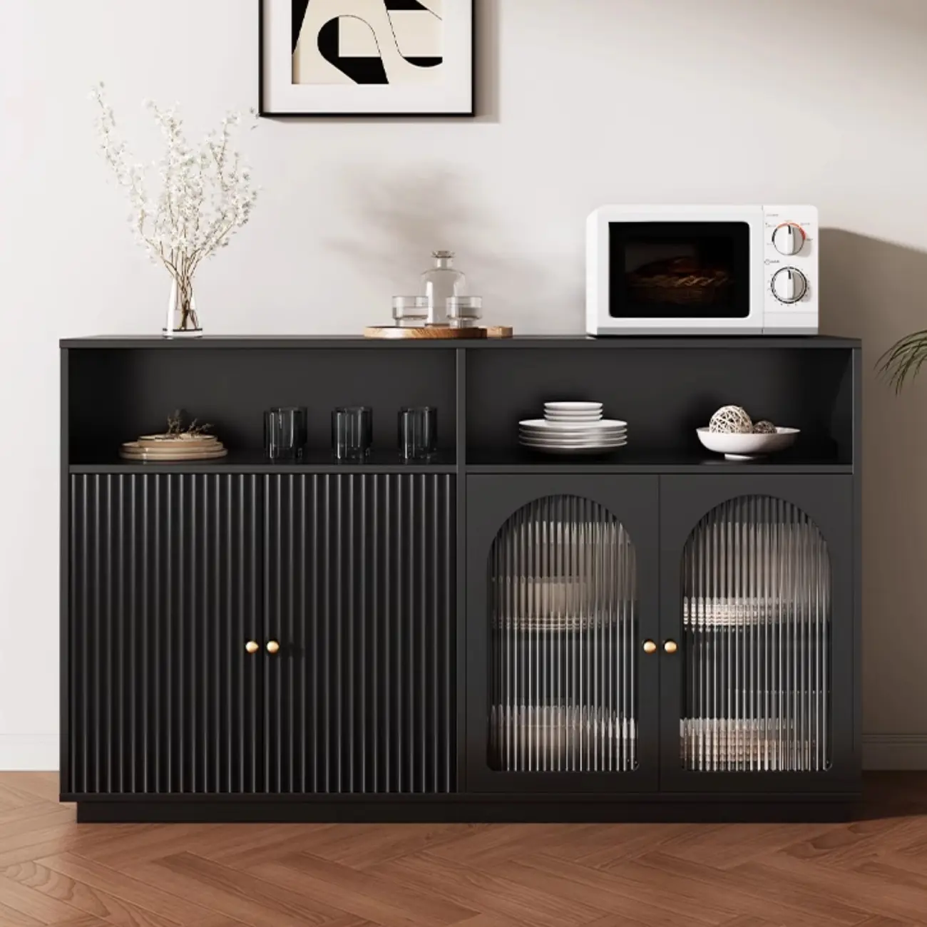 Midnight Black Lumber Sideboard with Glass Doors Image - 1 | homeyfad